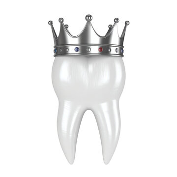 White human tooth wearing a royal metallic crown with colorful gemstones representing dental health excellence and premium care services&nbsp;