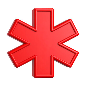 Asterisk symbol rendered in bright glossy red plastic material with a thick three dimensional shape and clean beveled edges isolated for professional design&nbsp;