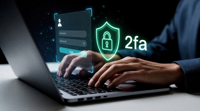 Person typing on laptop keyboard with digital 2FA login screen, security shield hologram. User enters username, password for two factor authentication. Cyber security concept shows data protection,