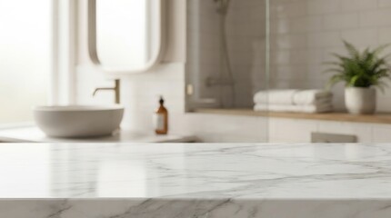 Fototapeta premium White marble countertop in modern blurred bathroom interior