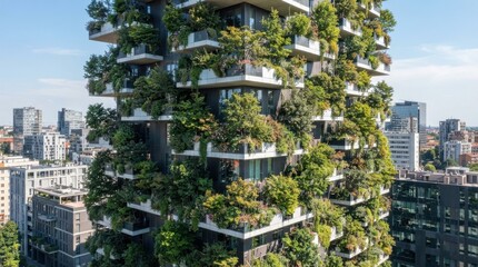 Naklejka premium Modern sustainable residential skyscraper covered with trees and plants on balconies