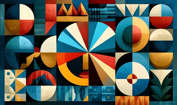 Abstract geometric pattern featuring a vibrant array of circles, triangles, and squares creating a dynamic, modern composition