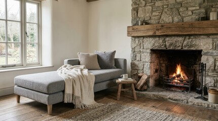 Naklejka premium Cozy living room interior with grey chaise lounge and stone fireplace