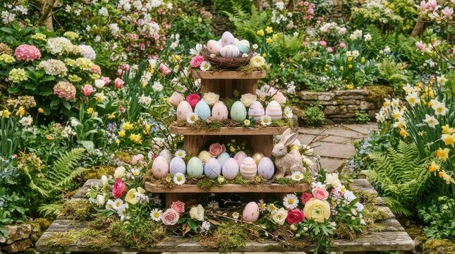 Easter decoration with pastel eggs and flowers on wooden tiers in garden