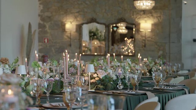 Wedding banquet table set with taper candles floral runner and crystal glasses in a stone walled hall