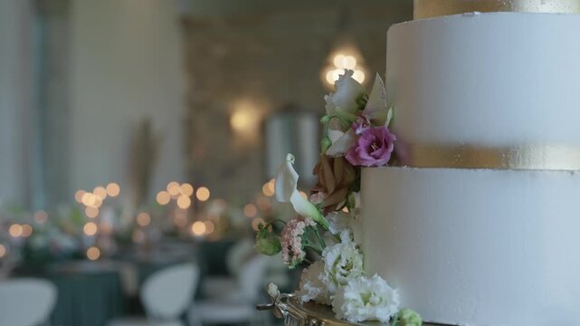 White tiered cake decorated with lisianthus and calla lily beside candlelit tables at a reception