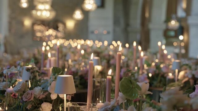 Lit taper candles glass hurricanes and pastel flowers running down banquet tables in a lit hall