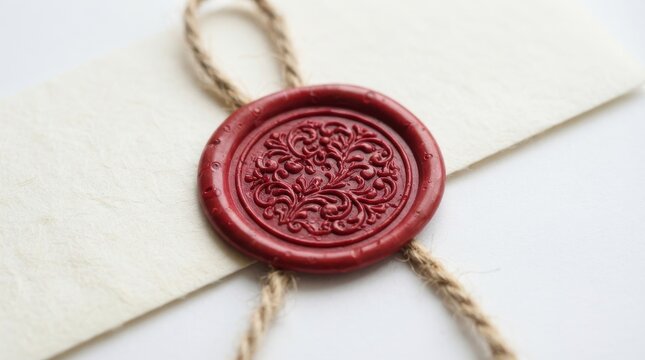 Red wax seal with floral pattern on paper tied with twine