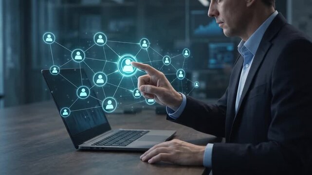 Business Professional Managing Digital Customer Network on Laptop