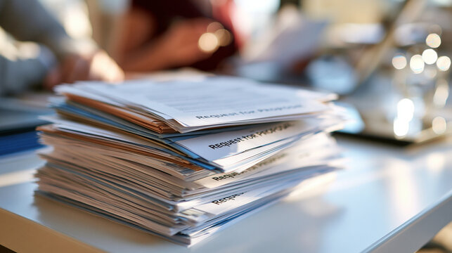 stack of documents labeled request for proposal arranged on bright clean desk minimal business still life composition soft natural light bright request for proposal rfp concept