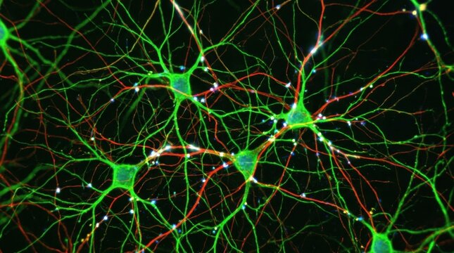 Fluorescence microscope image of cultured neurons with green and red staining