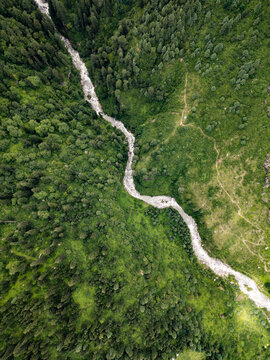 Aerial view of the river flowing through the lush green forests of Old Manali in Manali, Himachal Pradesh, India.