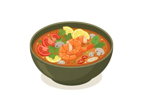 Tom yum soup in a bowl with shrimp, mushrooms, tomatoes, lemon, and herbs, traditional thai spicy soup, vector illustration