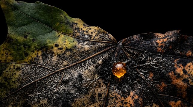 Macro Photography of Decaying Leaf with Fungal Mycelium and Glowing Amber Droplet