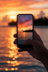 Naklejka na ściany i meble Man uses smartphone to photograph vibrant sunset over ocean island. Palm trees line tropical coast as golden sun reflects on calm blue water.