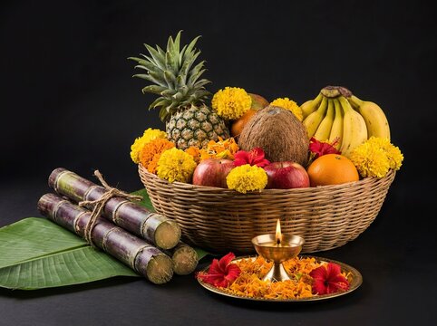 Traditional chhath puja festival offering with fruits, sugarcane, marigold flowers, and a lit diya lamp in a wicker basket against a dark background