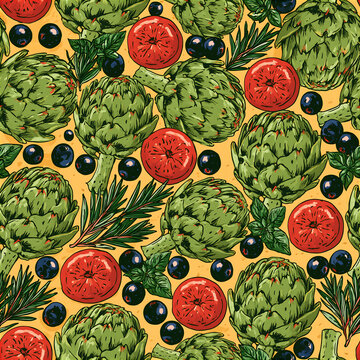 Seamless artichoke pizza pattern with vibrant toppings and herbs