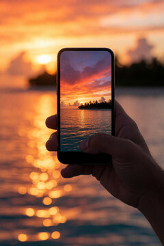 Man uses smartphone to photograph vibrant sunset over ocean island. Palm trees line tropical coast as golden sun reflects on calm blue water.