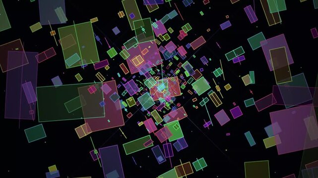 Colorful squares flying in space.