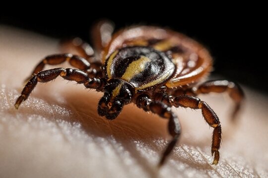 Close-up detailed view of engorged deer tick on human skin. Small arachnid parasite burrows into flesh, poses health risk. Macro shot shows detailed legs and body segments.