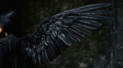 Naklejka premium Woman with large black angel wings in dark fantasy setting
