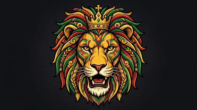 Stylized lion head illustration with crown and dreadlocks