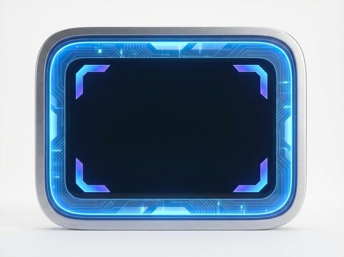 Futuristic digital interface frame with glowing blue neon circuit board patterns and corner brackets isolated on white background