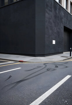 Urban street corner with tire marks, modern architecture and city life, abstract road texture and urban design
