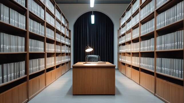 Modern Library Interior with Wooden Bookshelves and Desk for Academic Study and Research