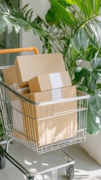 Shopping Cart with Cardboard Boxes Surrounded by Lush Green Plants in a Bright Indoor Environment