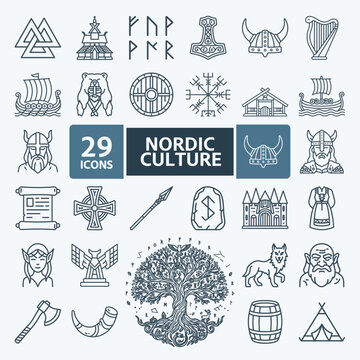 29 Nordic Culture Icon Set - Line Art Style