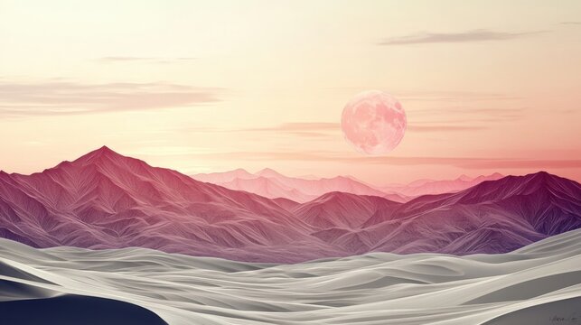 Serene Desert Landscape at Dusk with Vibrant Full Moon and Rolling Sand Dunes