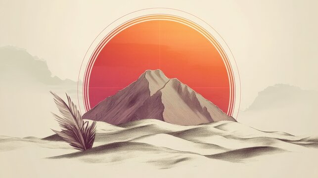Stylized Mountain Landscape at Sunset with Warm Tones and Minimalist Sand Dunes