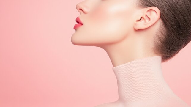 Elegant Beauty Portrait of a Woman with Soft Pink Background Highlighting Skincare Trends