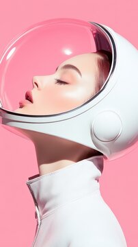 Futuristic Space Exploration Concept Featuring a Woman in an Astronaut Helmet on Pink Background