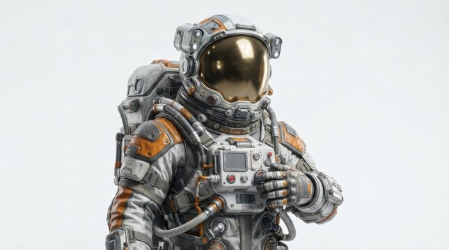 Futuristic astronaut in advanced orange and white space suit with golden visor