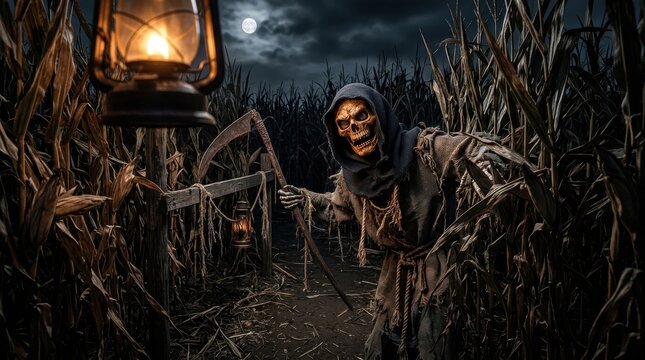 Grim reaper skeleton with scythe in a dark cornfield at night