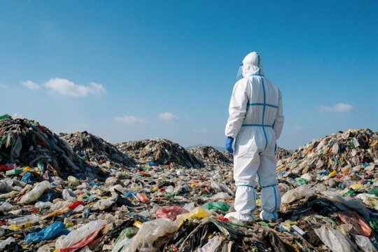 Person in hazmat suit surveys vast garbage dump under clear blue sky. Waste piles stretch to horizon, indicating extensive pollution. Worker inspects site for contamination.