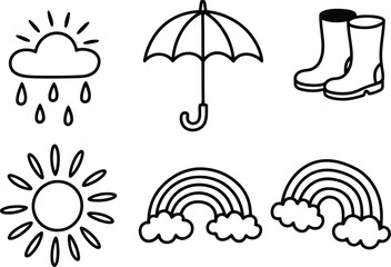 Fototapeta premium Black and White Weather Icons Set with Rain, Umbrella, Boots, Sun and Rainbow