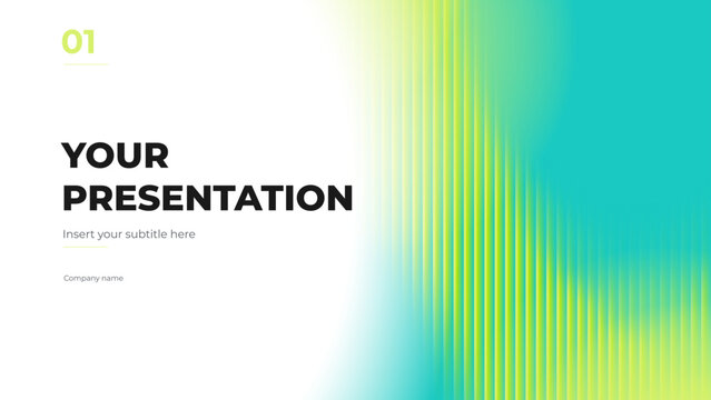 Minimal slide with a white background and vivid turquoise-to-lime color transition. Fits creative company profiles, campaign concepts and portfolio presentations.