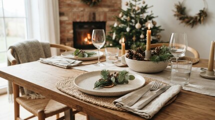 Fototapeta premium Festive Christmas table setting with candles, pinecones, and holiday decor