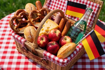 Naklejka premium Traditional German picnic basket on red checkered tablecloth. Wicker basket filled with pretzels, sausages, cheese, bread, apples, drink. Small German flags celebrate culture. Delicious food snack