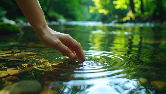 Hand touching clear river water creating ripples in a serene natural forest setting with bright green foliage and pebbles