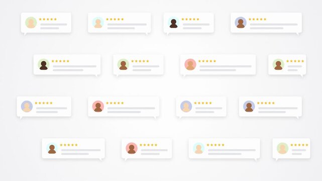 User reviews speech bubbles animation with rating stars and diverse avatars for interactive customer feedback concept on white background.