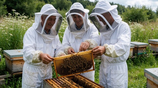 Three beekeepers in protective suits examine a honey frame. An experienced mentor teaches an apprentice about apiculture and bee colony management in a rural apiary with beehives.