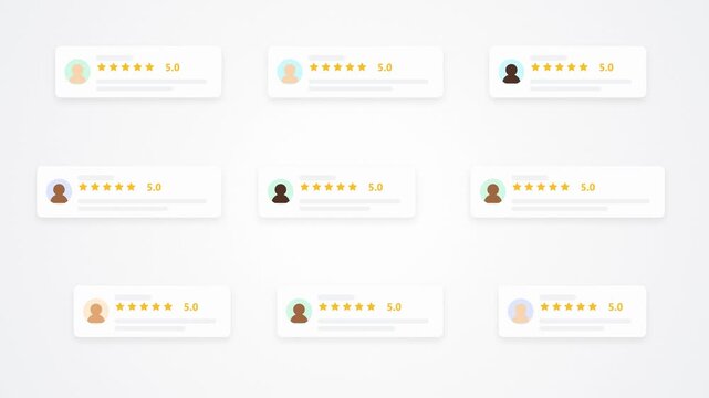 Popup modern user reviews speech bubbles animation with rating stars and diverse avatars for customer feedback concept on white background.
