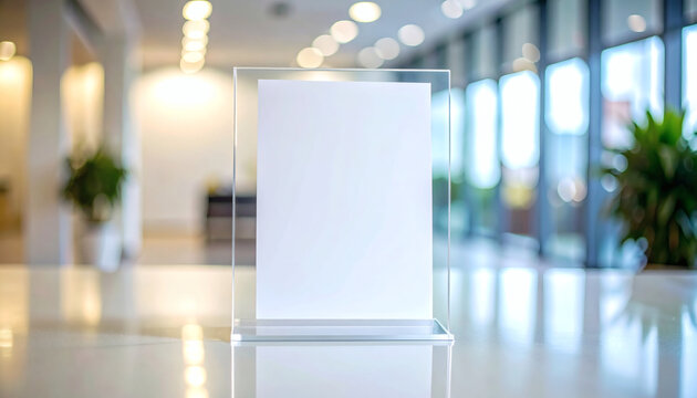 Acrylic sign holder with blank white paper standing on a reflective table inside a modern bright office building interior space