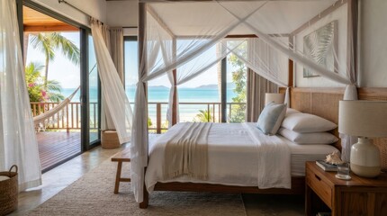 Fototapeta premium Luxury tropical bedroom overlooking the sea with canopy bed and balcony