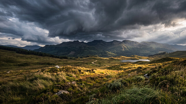 Dramatic storm clouds over rolling hills and a mountain lake
