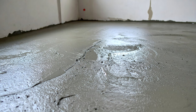 Concrete floor leveling process showing wet cement mixture poured on interior room surface during residential renovation and construction work project